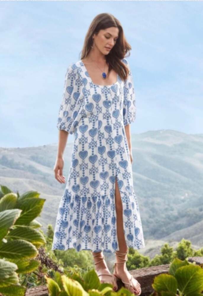 Johnny Was Beau Blue and White Tiered Midi Dress